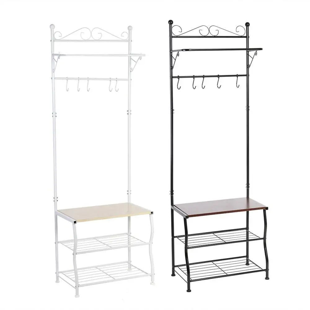 

Metal Storage Shoe Bench Home Hallway Entryway 3-Tiers Shelf with Coat Rack and Hooks