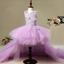 KICCOLY/Новые платья с длинным шлейфом и цветочным узором для девочек, фиолетовое Тюлевое платье с цветочным узором для первого причастия, торжественное свадебное Пышное вечернее платье для девочек