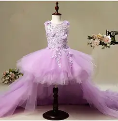 KICCOLY/Новые платья с длинным шлейфом и цветочным узором для девочек, фиолетовое Тюлевое платье с цветочным узором для первого причастия
