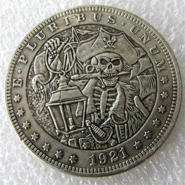 Best Price US 1921 Morgan Dollar With Pirate Captains skull zombie skeleton Hand Carved Copy Coins High Quality