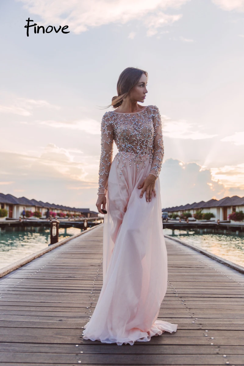 Finove Prom Dresses Long 2020 Long Sleeve Crystals Beading By Hand Sexy See-through A-Line Bridesmaid Dresses Robe de Soiree