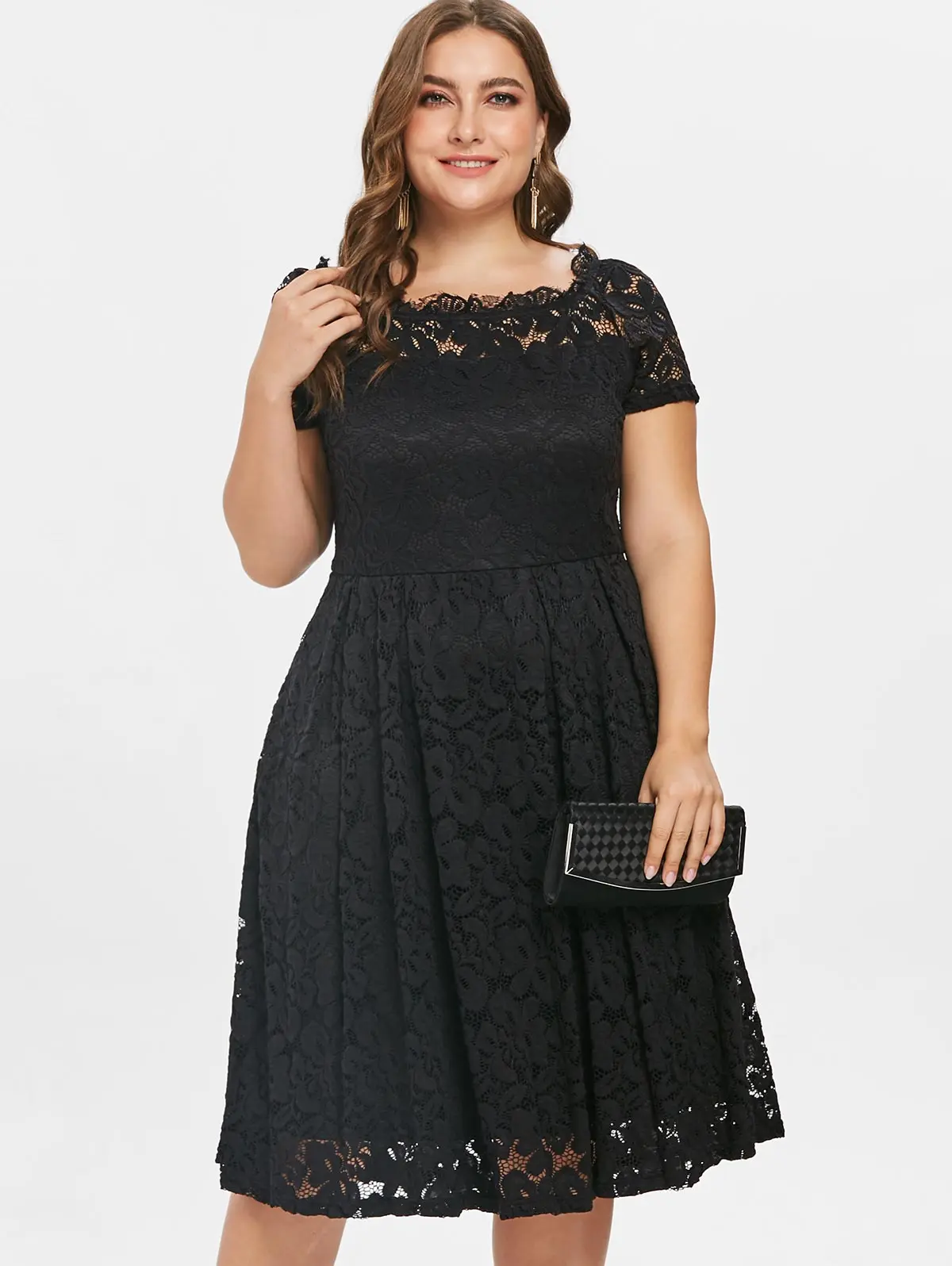 

Sovalro Plus Size Autumn Women Dress Lace Panel Off Shoulder Vintage Dress Elegant Solid Red A-Line Party Dress Femme Vestido