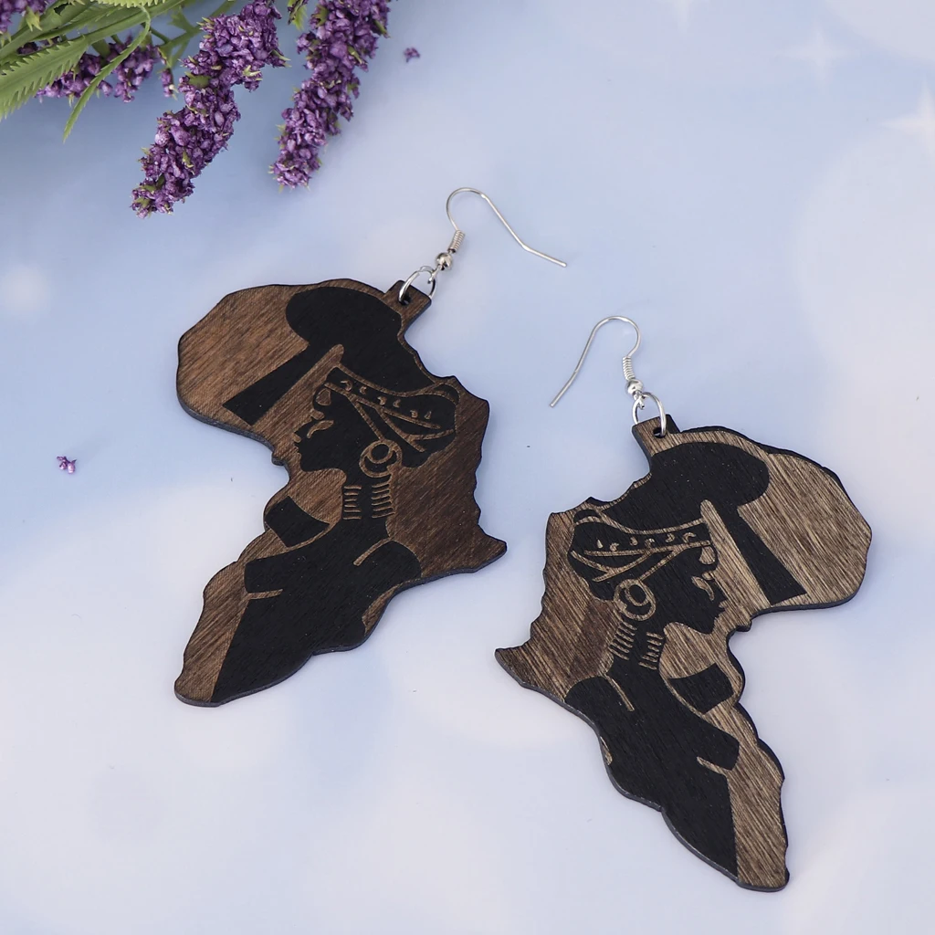 MagiDeal Chic Wooden African Map Women Figure Earrings India Lady Tribe Hook Earring