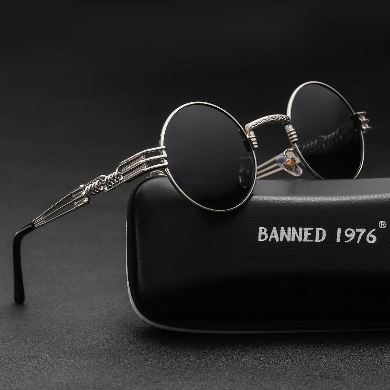 Goedkoop Gepolariseerde Gothic Steampunk Zonnebril Mannen Vrouwen Fashion Brand Designer Vintage Ronde Shades Metalen Frame Zonnebril Oculos