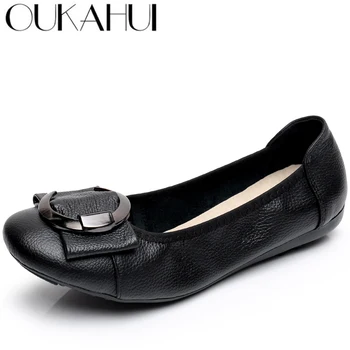 

OUKAHUI Brand Spring\Autumn Plus Size Genuine Leather Fashion Casual Shoes Womens Flat Loafers Shallow Slip-On Soft Ladies Shoes