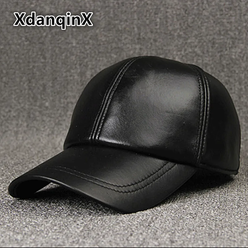 

XdanqinX 2019 New Style Winter Men's Hat Thicken Warm Genuine Leather Baseball Caps Snapback Tongue Cap Adjustable Size Dad Hats