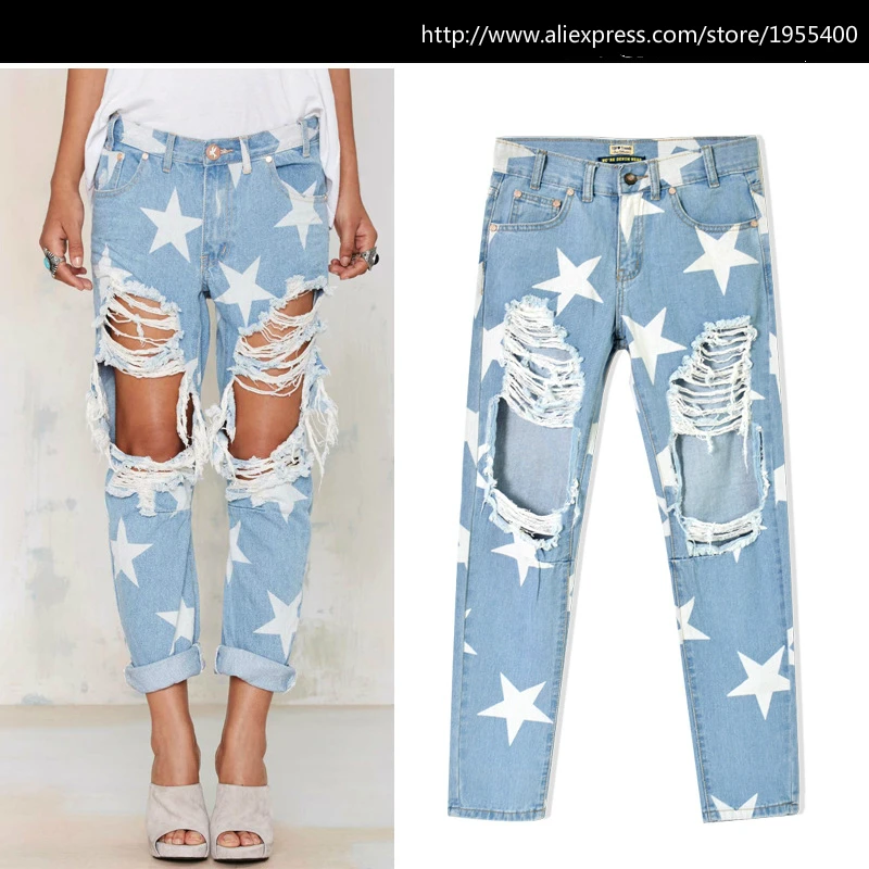 Hole Hollow Out Ripped Jeans Women Distressed Scratched Graffiti Blue