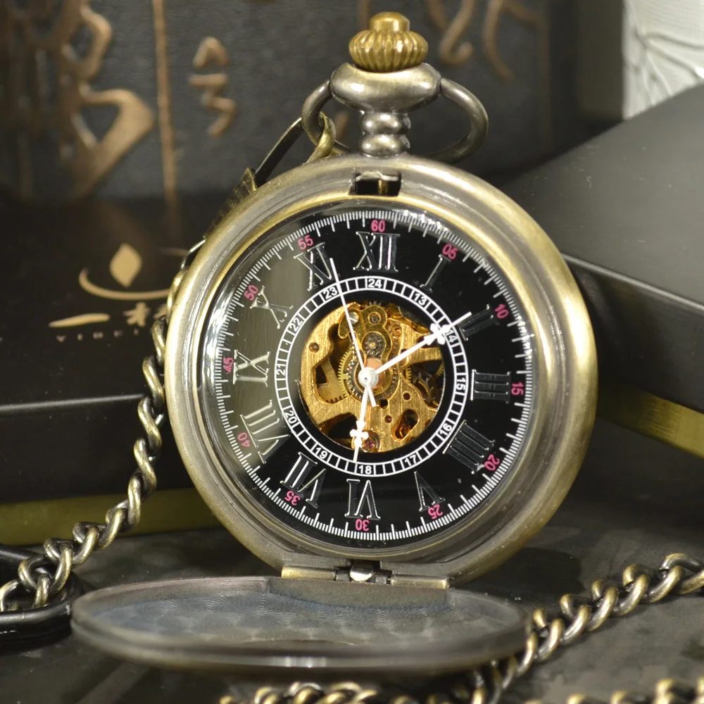 Tiedan Classic Roaman Style Case Skeleton Dial Male De Bolso Chain