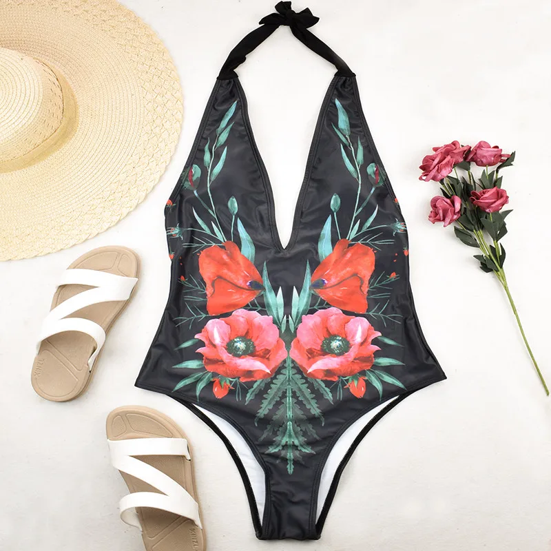 Сексуальный цельный купальник с принтом бюстгальтер для женщин летняя одежда для пляжа больших размеров купальник с открытой спиной элегантный цветочный пуш-ап женский бюстгальтер - Цвет: Черный
