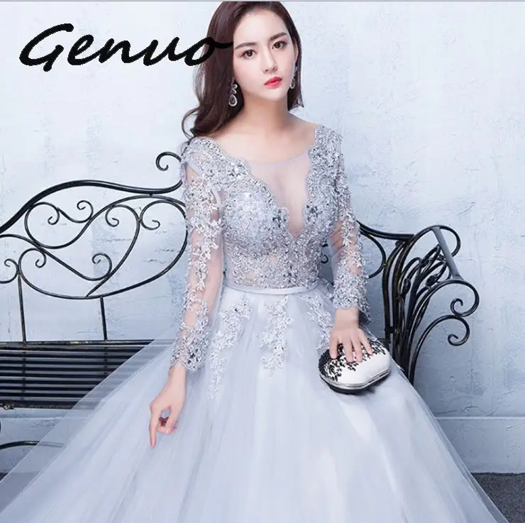 

Genuo New Three Quarter Illusion Backless Lace Up Flowers Elegant cute Dress Floor Length Party Gown party dresses