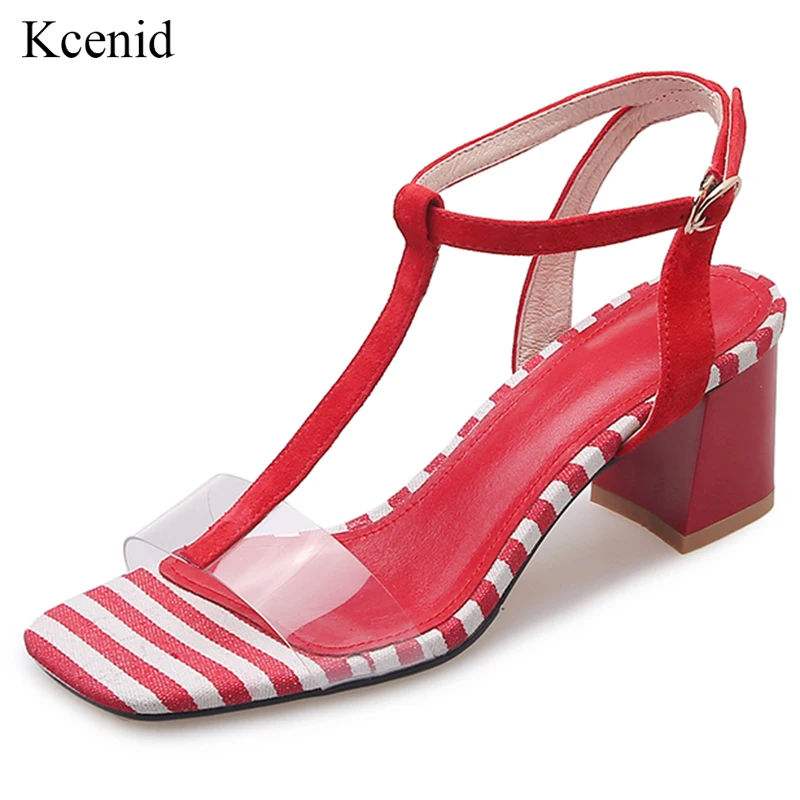 

Kcenid Suede T-strap transparent pvc dress sandals women bohemia style high heels gingham shoes summer gladiator sandals women