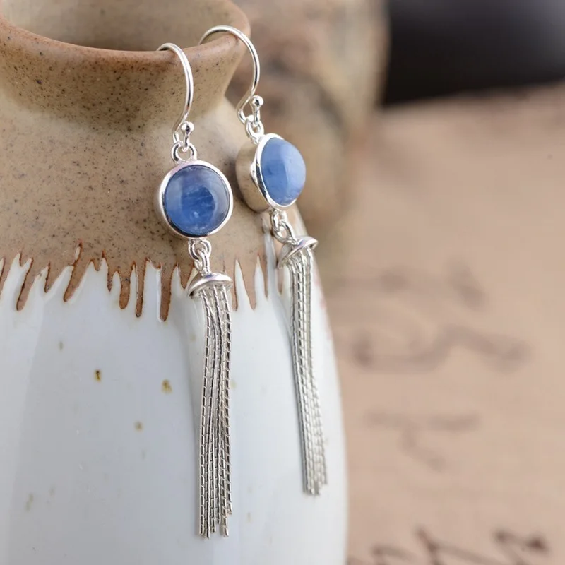 BOCAI S925 Sterling Silver Tassel Eardrop For Women Female Money Inlay Kyanite Thai Earrings Archaize Style | Украшения и