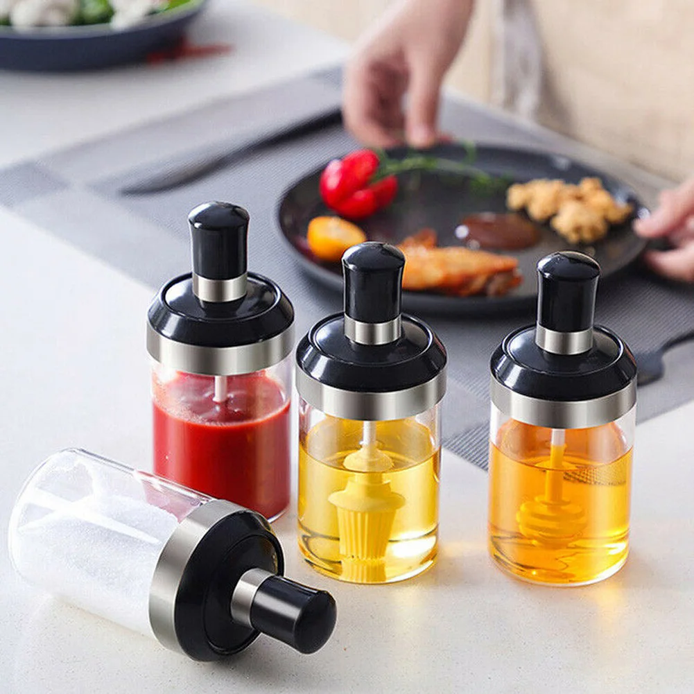 

Pokich Glass Salt Shaker Spice Bottles Pepper Spoon Seasoning Jars Oil Brush Honey Container Home Storage Organization