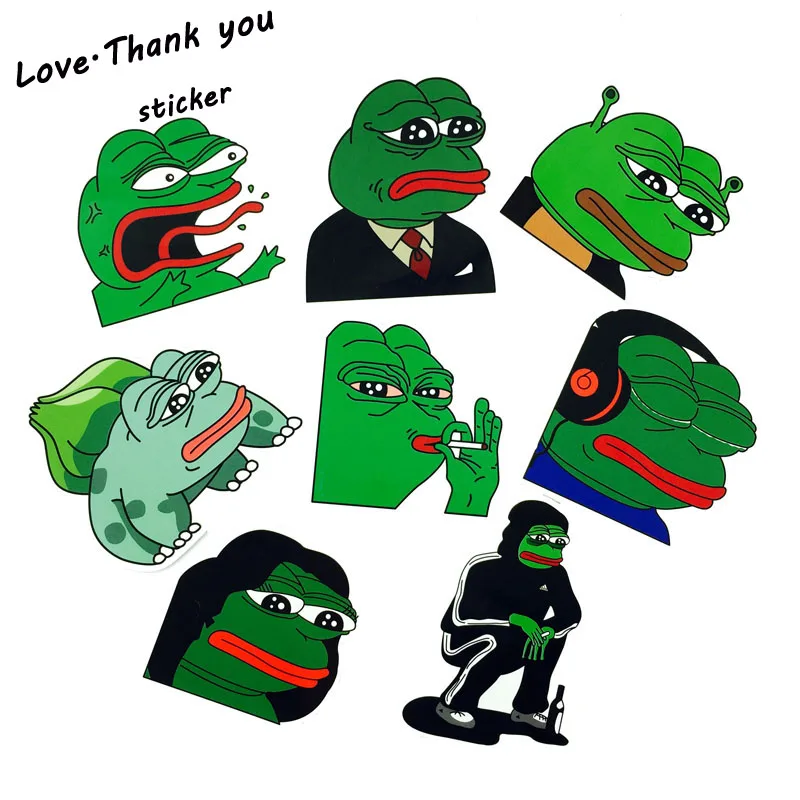 8Pcs/Lot Pepe Sad Frog Funny Sticker For Car Laptop Luggage Skateboard Motorcycle Snowboard Phone Decal Toy Stickers