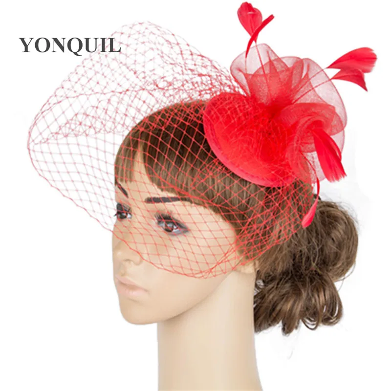 Вуаль и перо чародей шляпы 3 предмета в комплекте розы с пером украшения Дамы Коктейль hat несколько цветов M36