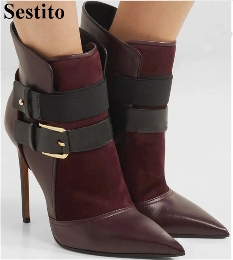 

Sexy Red Wine Patchwork Woman Boots Pointed Toe Ankle Boots For Women Thin Heels Buckle Strap Short Boots New Flock Women Shoes