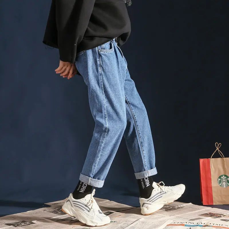 Wholesale Spring summer jeans men's loose retro Korean students straight solid teenagers wide leg casual ankle length pants - Цвет: Синий