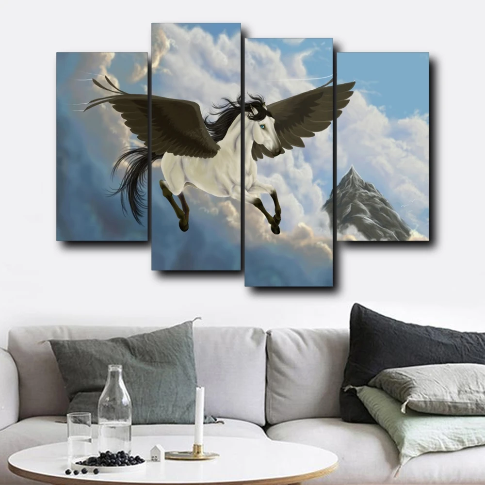 

Laeacco 4 Panel Flying Unicorn Animal Posters and Prints HD Canvas Calligraphy Painting Wall Art Nordic Home Living Room Decor