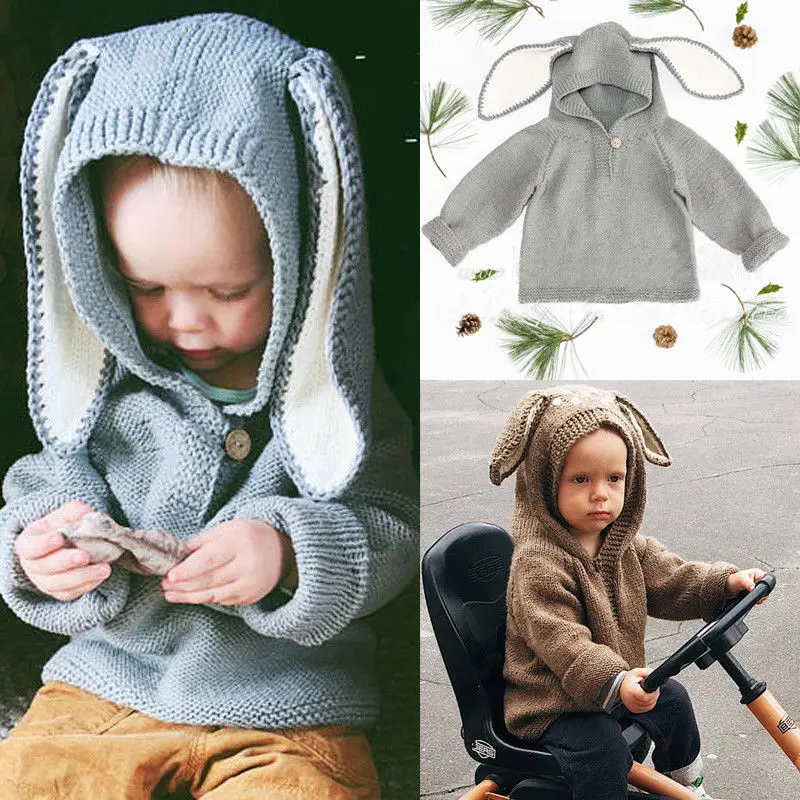 2 цвета; вязаный теплый Однотонный свитер с длинными рукавами и заячьими ушками для малышей; детский пуловер; Верхняя одежда; повседневная одежда