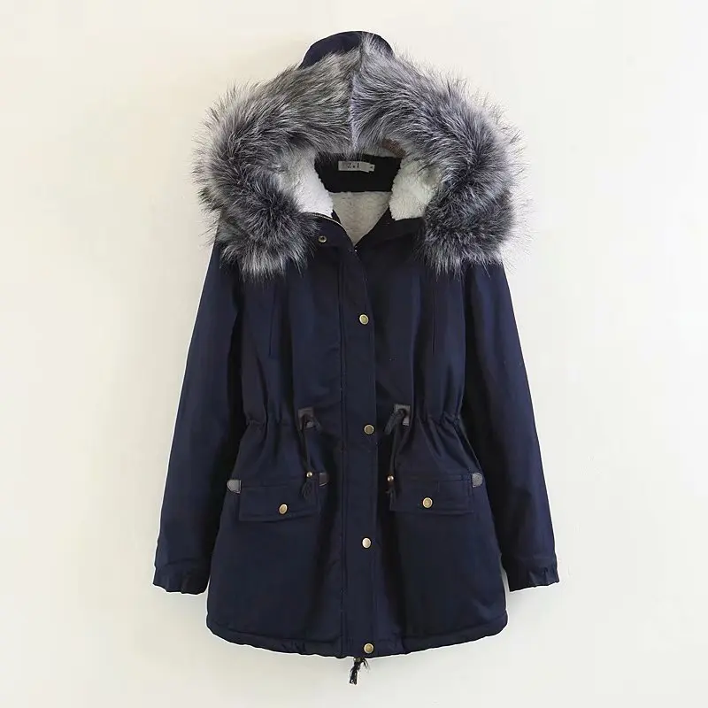 Зимняя женская куртка, пальто, приталенная Женская парка с большим меховым воротником, хлопковое плотное пальто с капюшоном, однотонная женская парка CC657