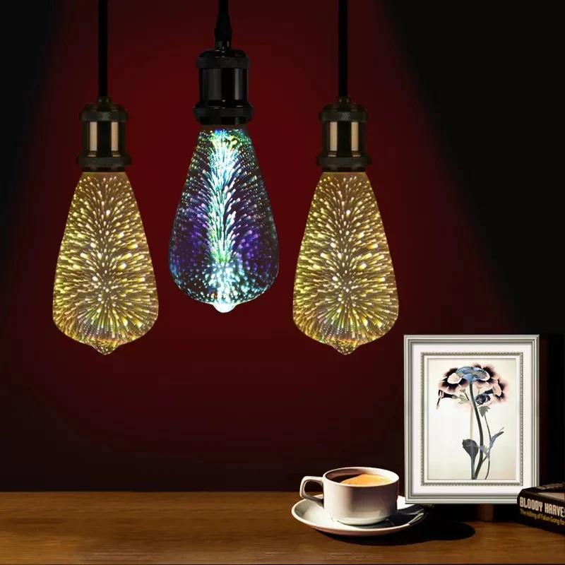 E27 3D светодиодный Ретро Эдисон декоративная лампа накаливания светодиодный фейерверк RGB Творческий декоративная лампа AC85-265V ST64 G95 G125
