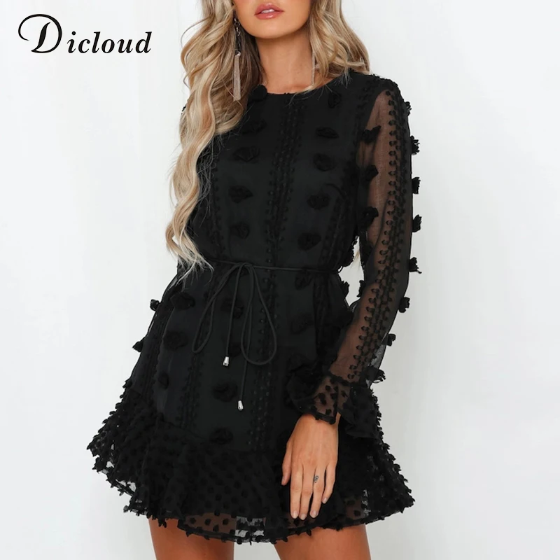 Online DICLOUD Sexy Pom Poms Frauen Schwarz Weiß Party Kleider 2019 Herbst Winter Lange Hülse Boho EINE Linie Rüschen Kleid Mit taille Binden
