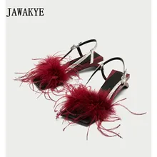 JAWAKYE Low Kitten Heels Fur Buckle Feather Sandals