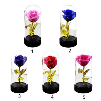

HOT Artificial Rose Flower with Gold Stem and LED Light String in Glass Dome On Plastic Base The Best Gift for Valentine’s Day