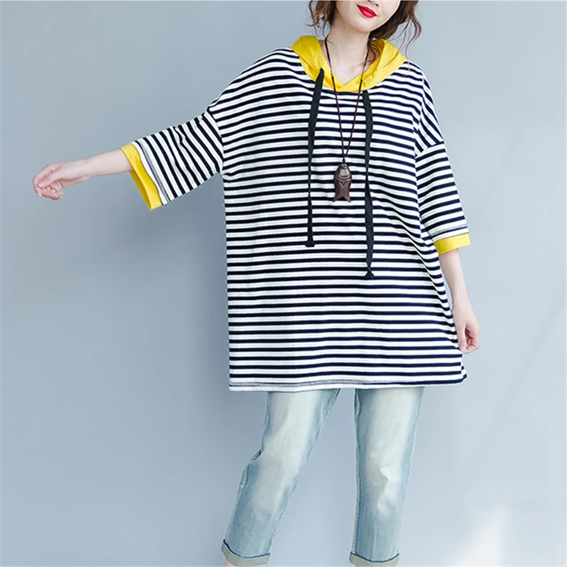 

Foreign Style Extra Large Size T-Shirt Women's 2019 Summer New Striped Hooded Five-Point Sleeve Loose T-Shirt Top H00142