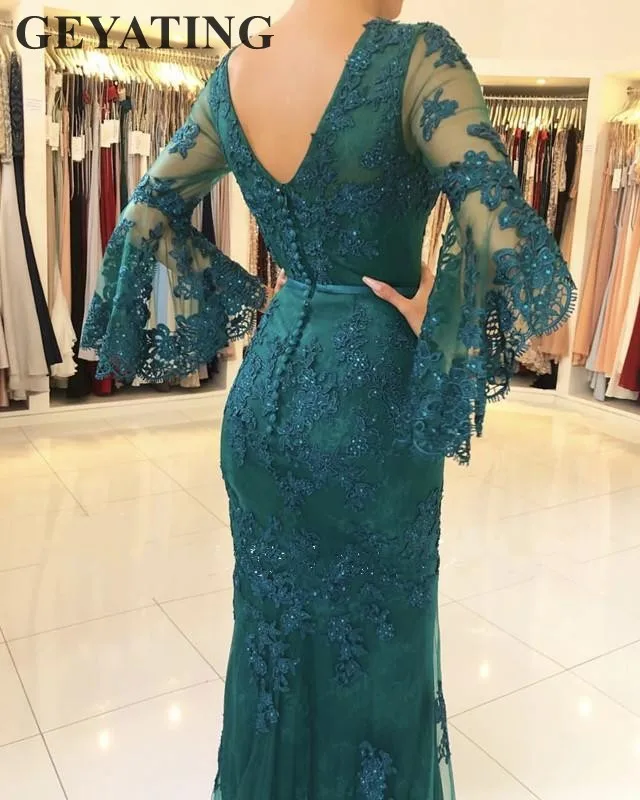 2019 Elegant Lace Mermaid Arabic Evening Dress Long Sleeves V-Neck Hunter Green Burgundy Royal Blue Silver Formal Prom Dresses