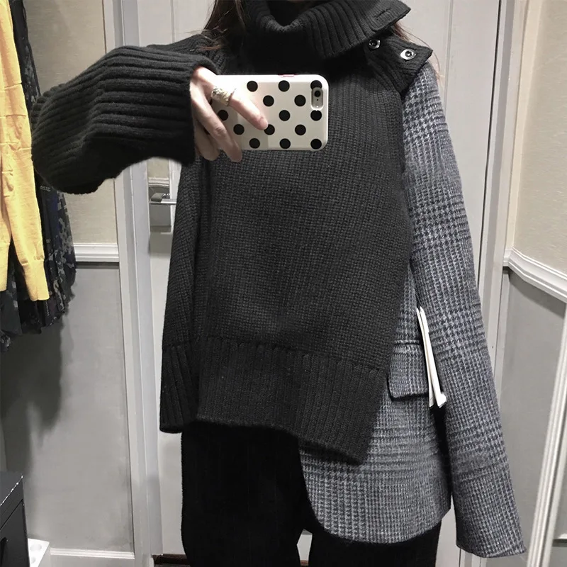 

DEAT 2019 Autumn Winter New Fashion Trend Clothing Long-sleeved Solid Color Irregular Long Sleeve Turtleneck Sweater WI316