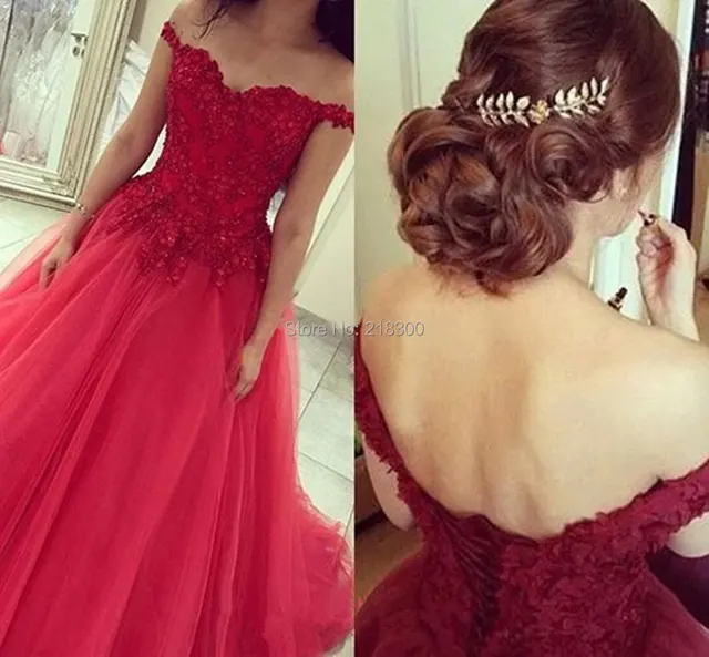 Off the shoulder red lace prom dresses poofy prom dress long pageant