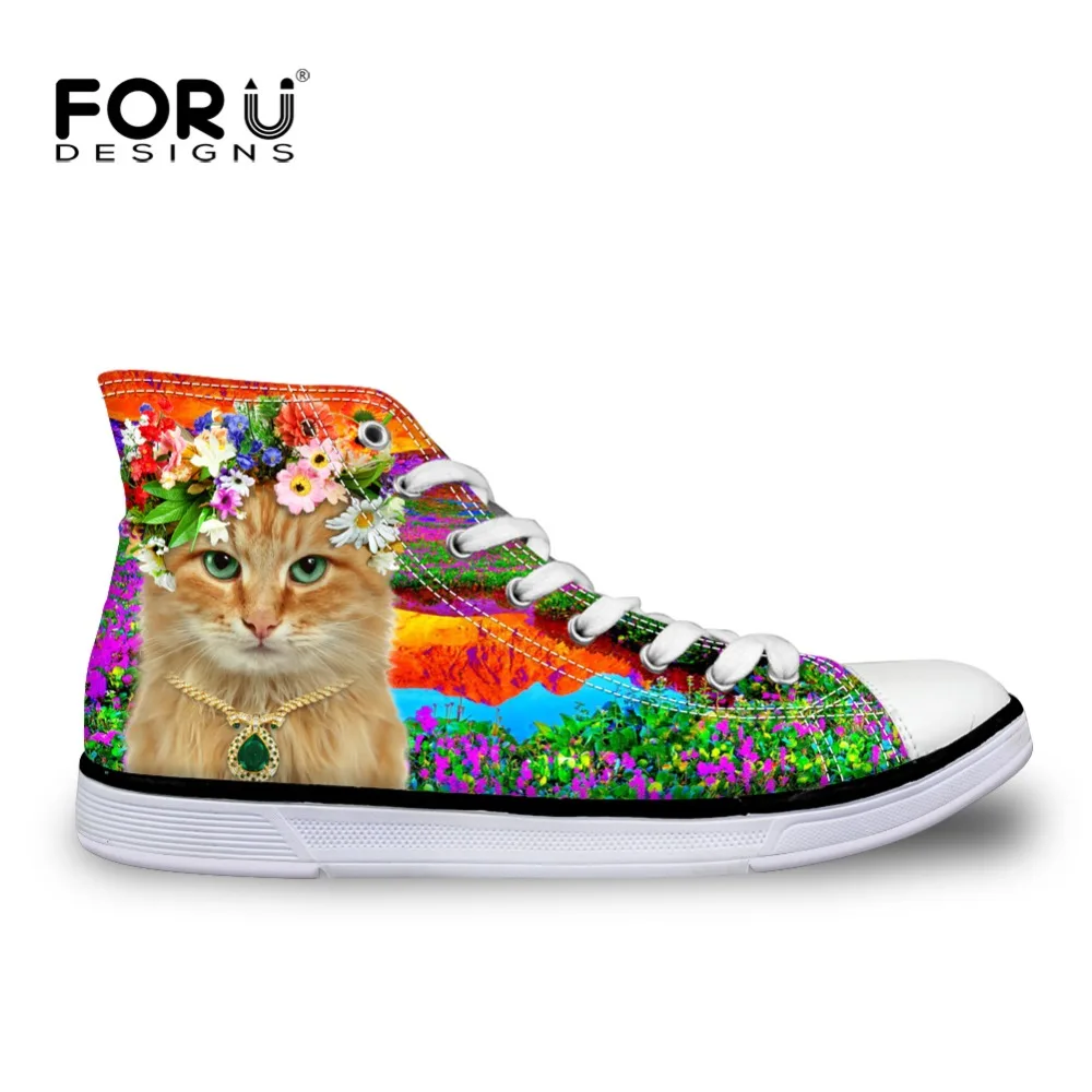 FORUDESIGNS/прогулочная обувь для студенток; парусиновая обувь на шнуровке с принтом кота и цветов; женская обувь на плоской подошве; Chaussure Mujer