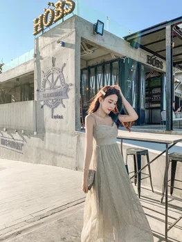 

New 2020 summer strapless dress with v-neck, high-waisted mesh dress, sexy over-the-knee summer dress