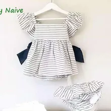 Летнее платье для маленьких девочек вечернее платье принцессы на день рождения и свадьбу платье в полоску с большим бантом+ маленькие штаны, костюм для малышей