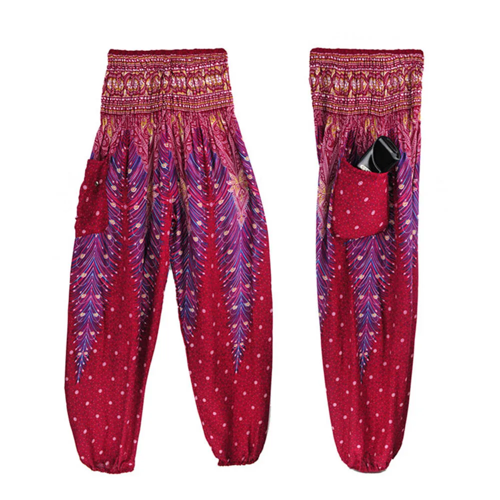 Новые мужские и женские тайские шаровары, фестивальные хиппи-брюки с высокой талией для йоги, штаны с принтом павлина, свободные штаны для йоги