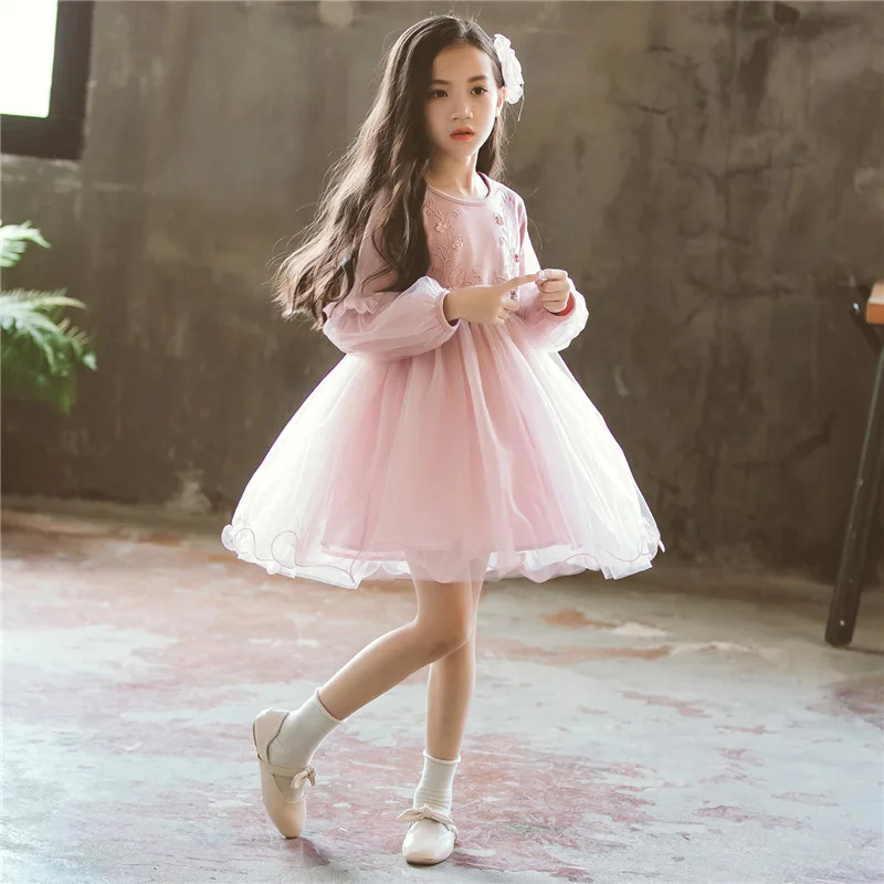

2019 Spring Kids Dresses for Girls 7 8 9 10 to 12 Years Long Sleeve Flower Embroidery Cotton Lining Party Princess Costume 49L1A