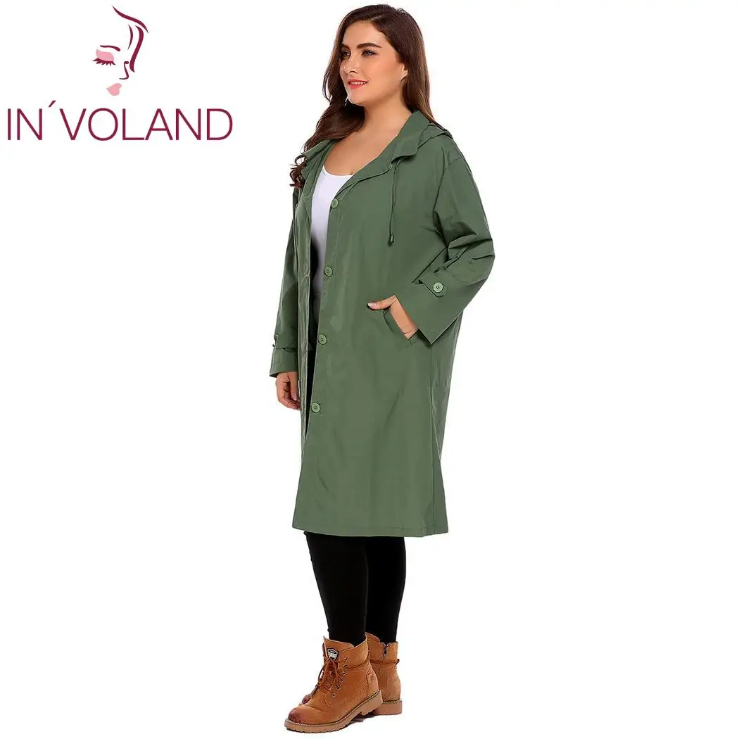 INVOLAND Plus Size Womens Trench Coat Long Jacket Windbreaker Overcoats