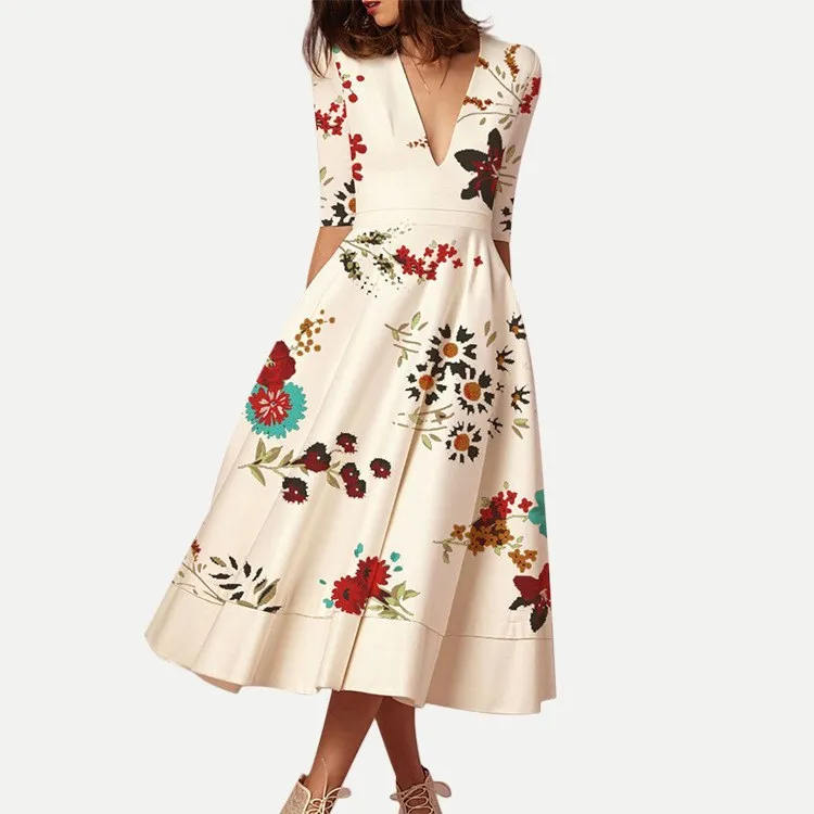 

2019 Summer Woman Boho Floral Dress Print Half Sleeve V Neck Maxi Dresses Vintage Office Lady Dress Vestido
