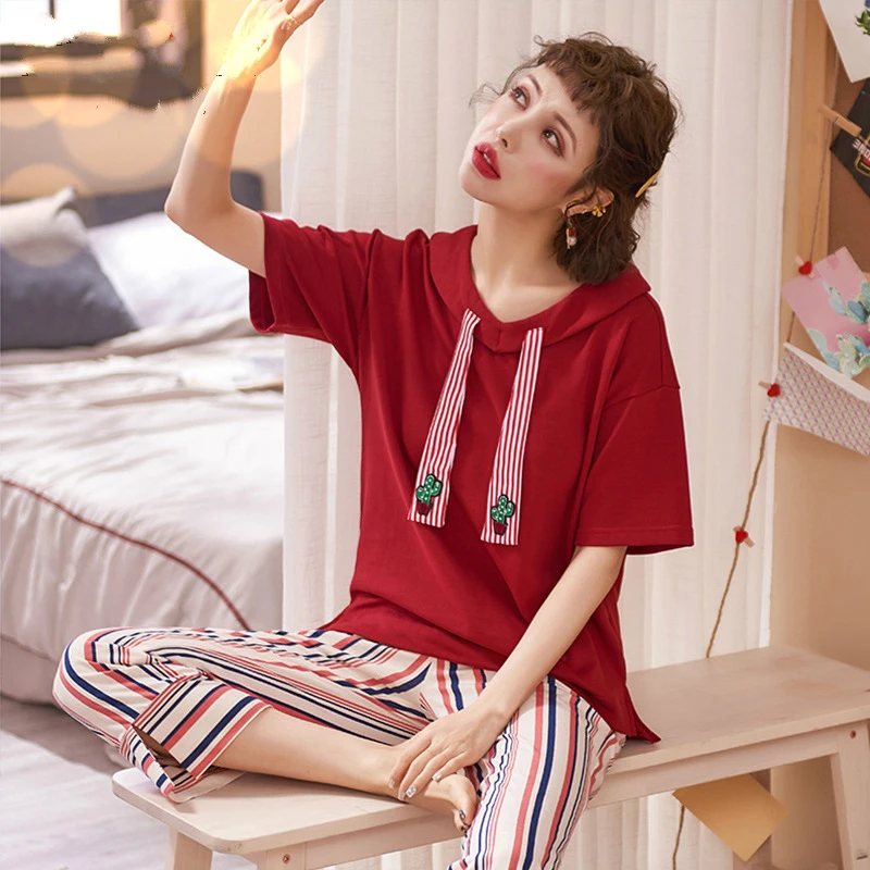Пижамы для женщин из чистого хлопка, с короткими рукавами, Nine-cent pantsuit пижамы женские милые, Повседневная Домашняя одежда, женщины могут носить костюмы