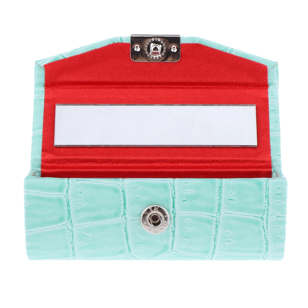 Leather Lipstick Case Holder Storage Box with Mirror for Purse Light Blue