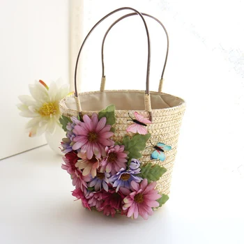 

Handmade flowers portable straw bag female butterfly shoulder woven bag leisure vacation beach bag