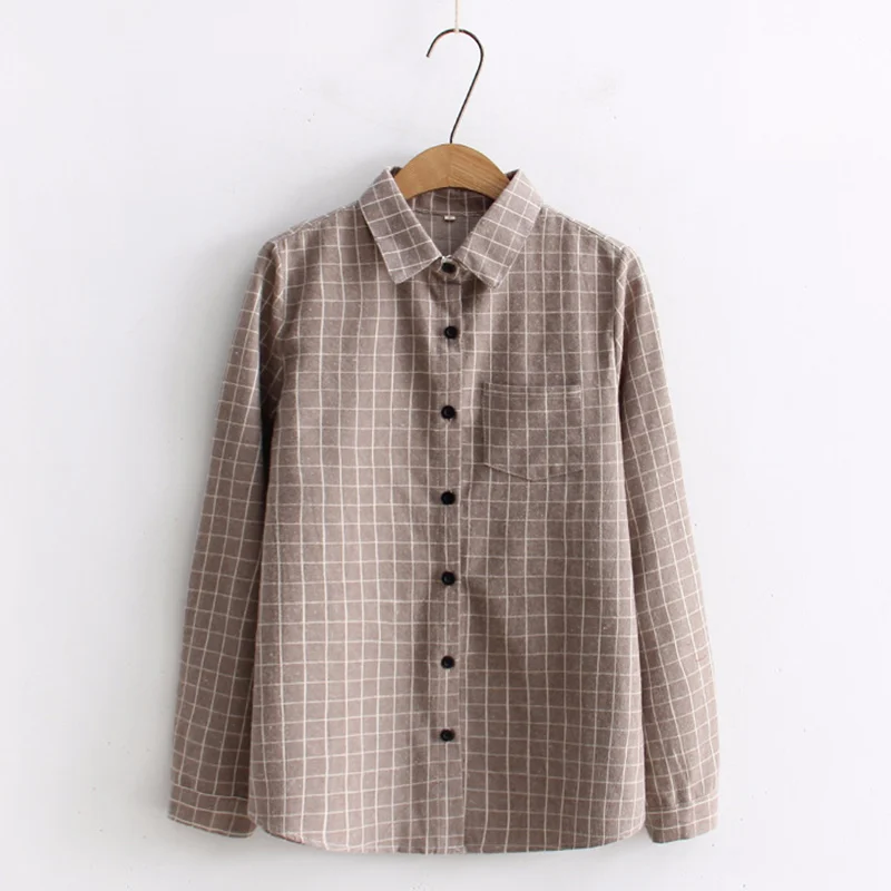 

Long Sleeve Plaid Cotton Women Shirts Pocket Buttons Casual Office Lady Female Tops 2019 Autumn Fashion Vintage Blouse Ladies