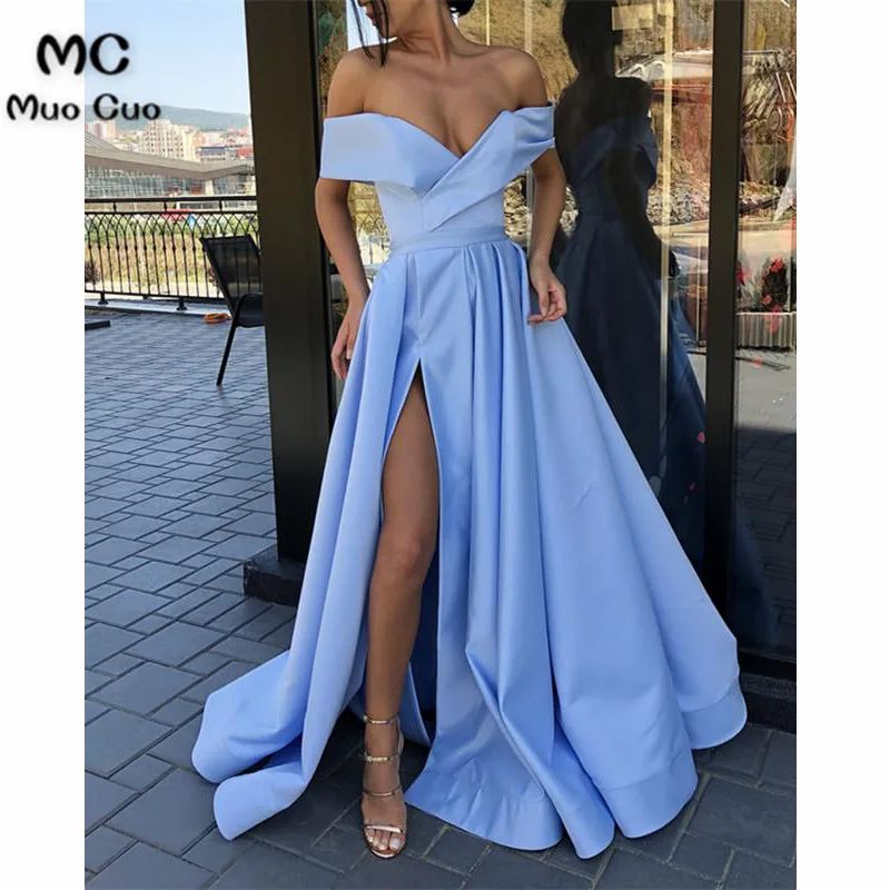 Off The Shoulder V-neck Satin Long Prom Dresses Leg Split