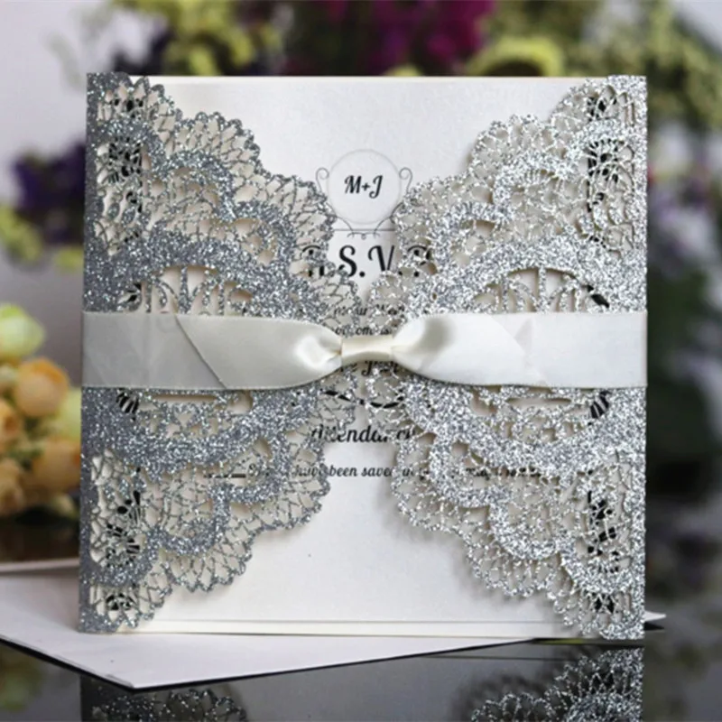 

Glittery lace wedding invitation card love birds flower laser cutting party invitation 50pcs