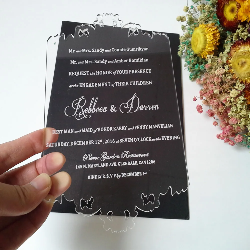  Customized 110*180mm laser engraved letters Hollow pattern clear acrylic wedding invitation card (1 - 32763446919