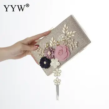 

2019 New Fashion Handmade Floral Evening Bags Wedding Clutch Bags With Pearl Chain Party Bags For Ladies Hand Bag And Purse Pink