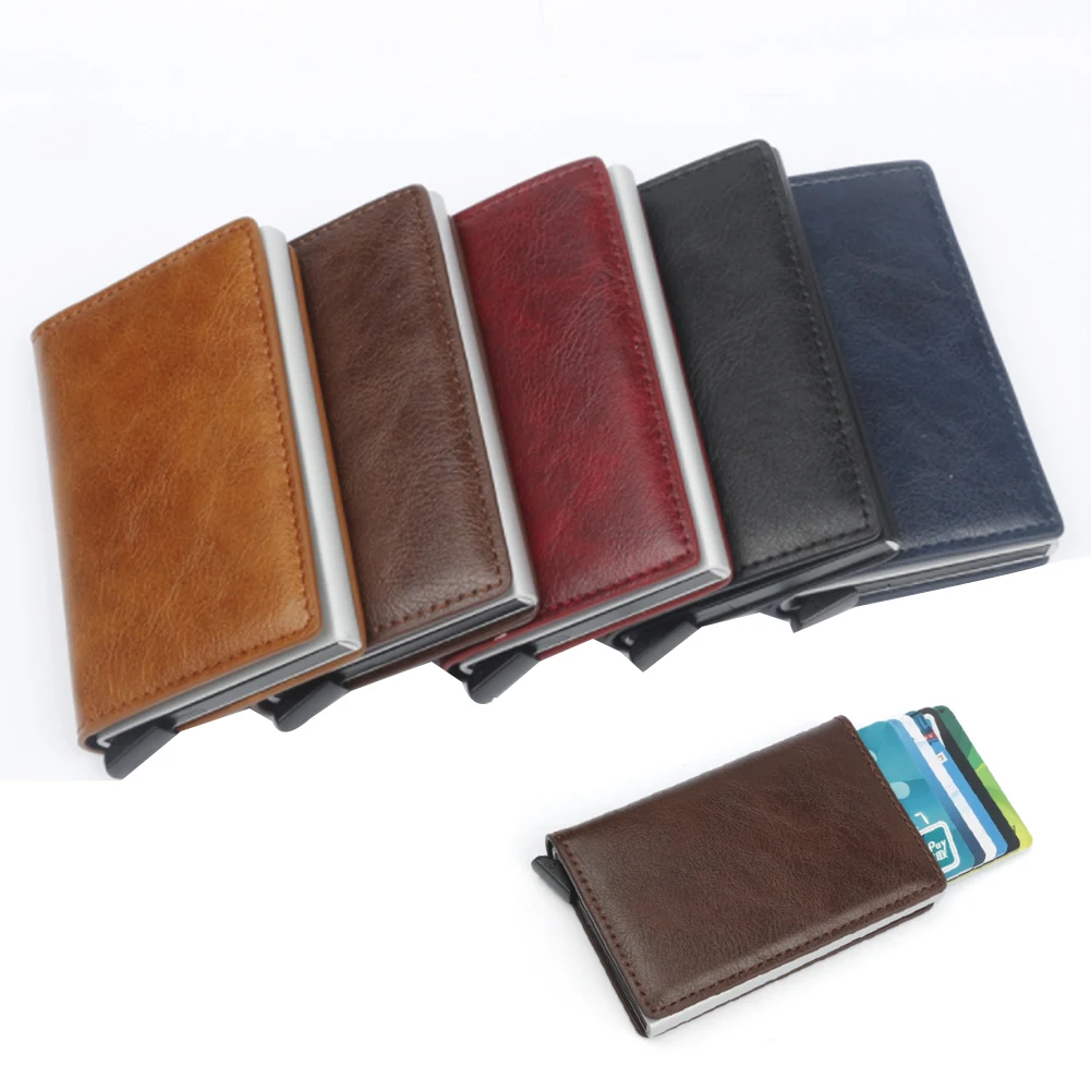 

Antitheft Men Vintage Credit Card Holder Blocking Wallet Leather Unisex Security Information Aluminum Metal Purse High Quality