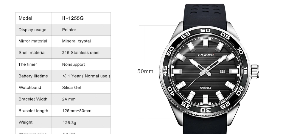 SINOBI 316 нержавеющая сталь для мужчин спортивные часы Элитный бренд силиконовые водостойкие Военная Униформа кварцевые