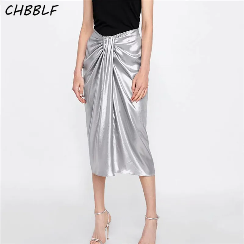 

CHBBLF women elegant Metal color midi skirt elastic waist ladies fashion streetwear fold skirt POP1307